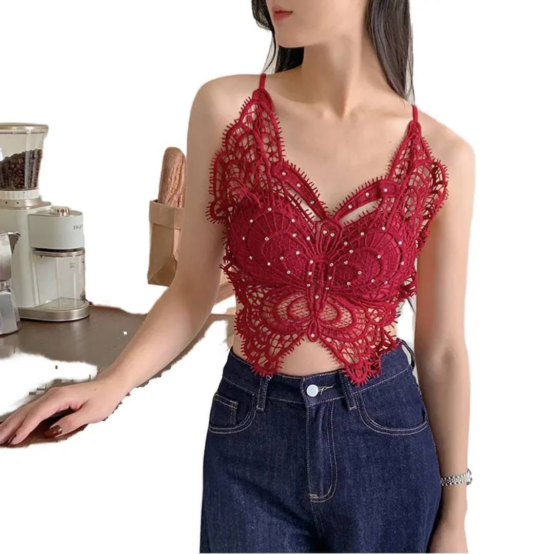 807284873_122109361473466307_8494906105867127659_n 🦋Women’s Butterfly Lace Top -Maroon - Image 1