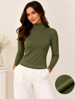 Women's High Neck Knit Sweater Top(2 Pics)-Olive Green,Sky - Image 2